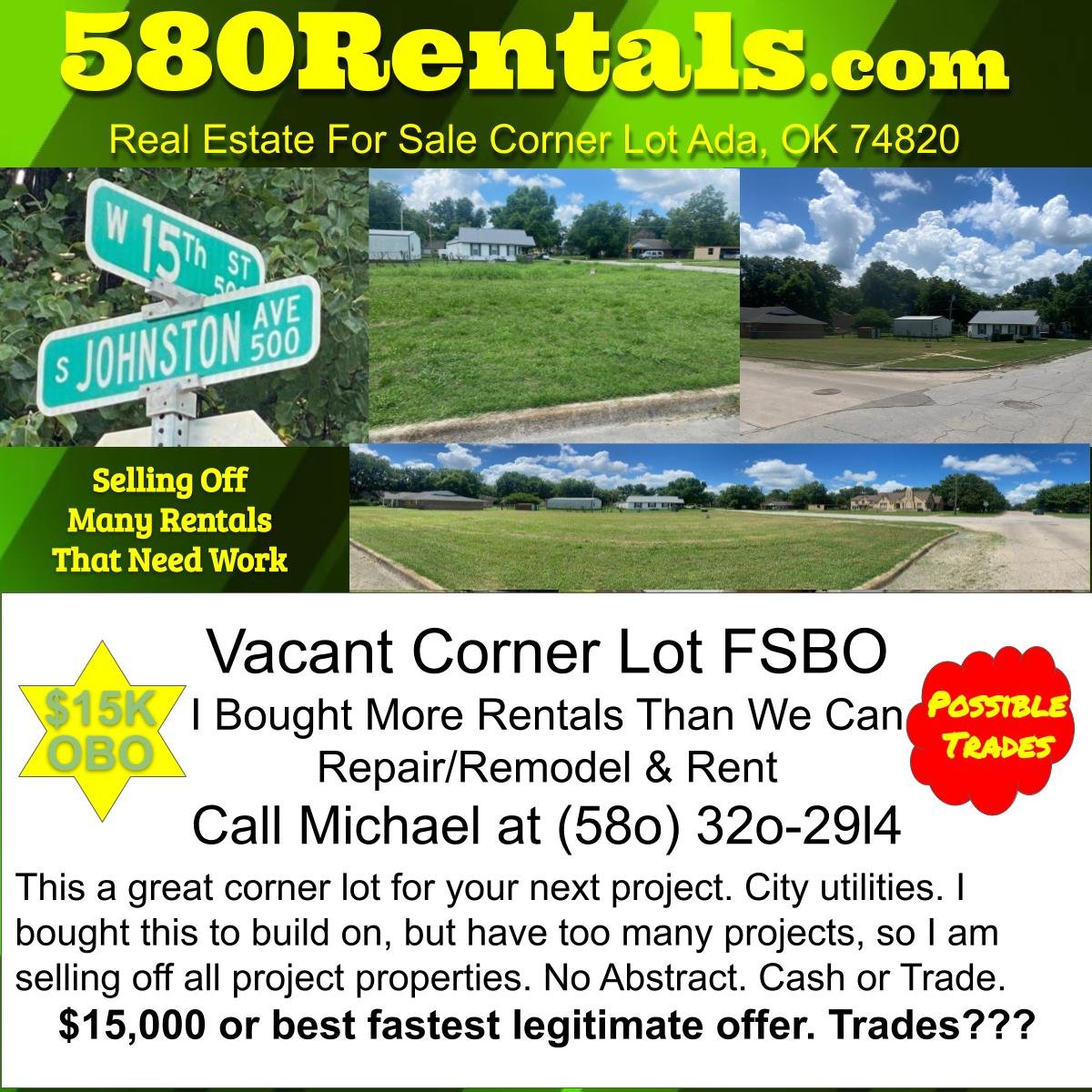 Corner Vacant Real Estate Land/Lot For Sale in Ada Oklahoma 74820